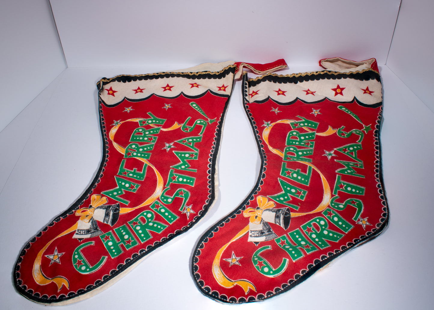 Pair of Large Vintage Felt-Flannel Merry Christmas Santa Stockings Handmade