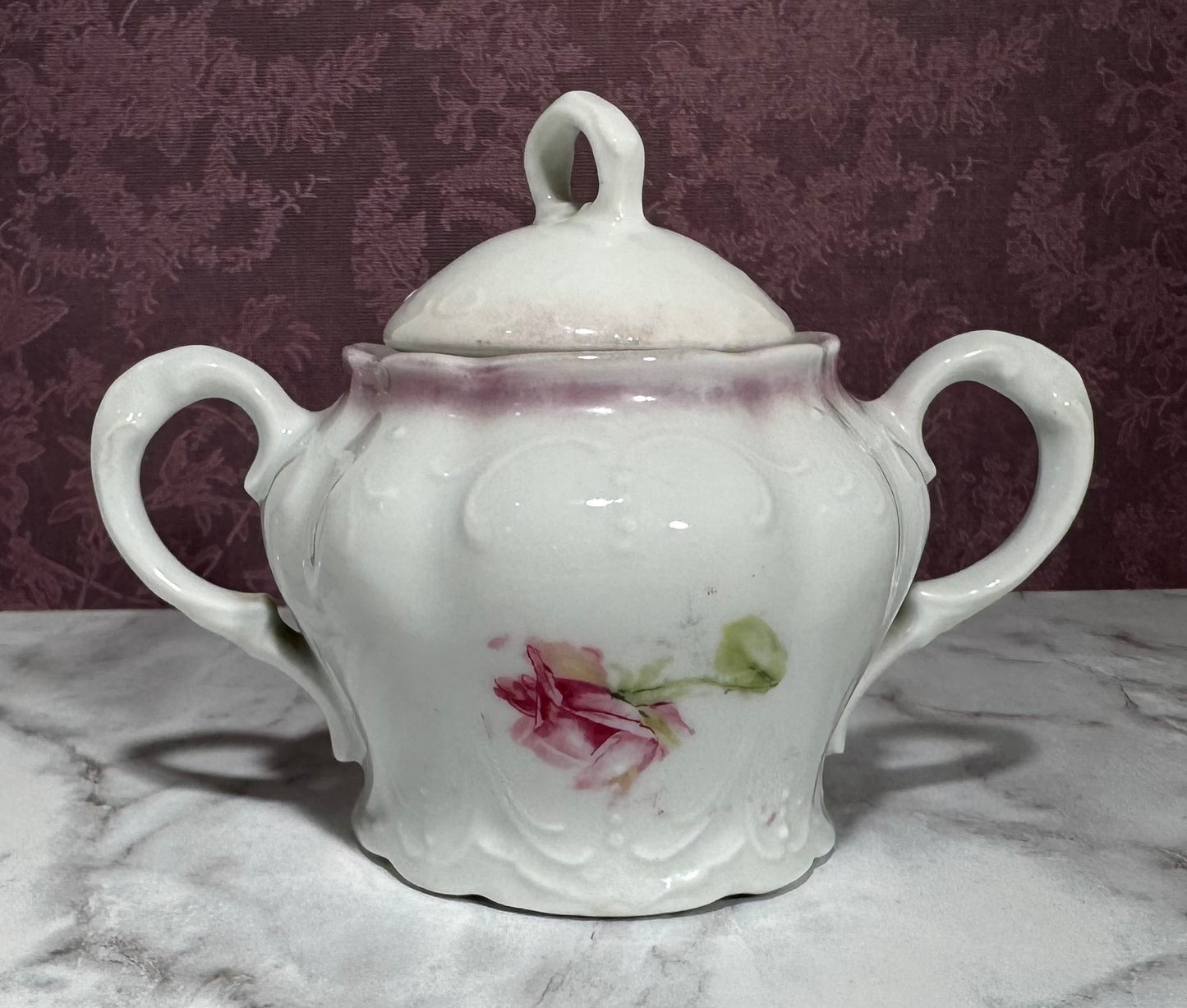Lovely Vintage Embossed Porcelain Pink Floral Sugar Bowl with Lid