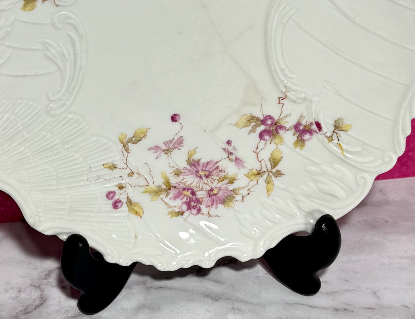 Hand Painted Ornate Embossed Purple Passiflora Floral Plate
