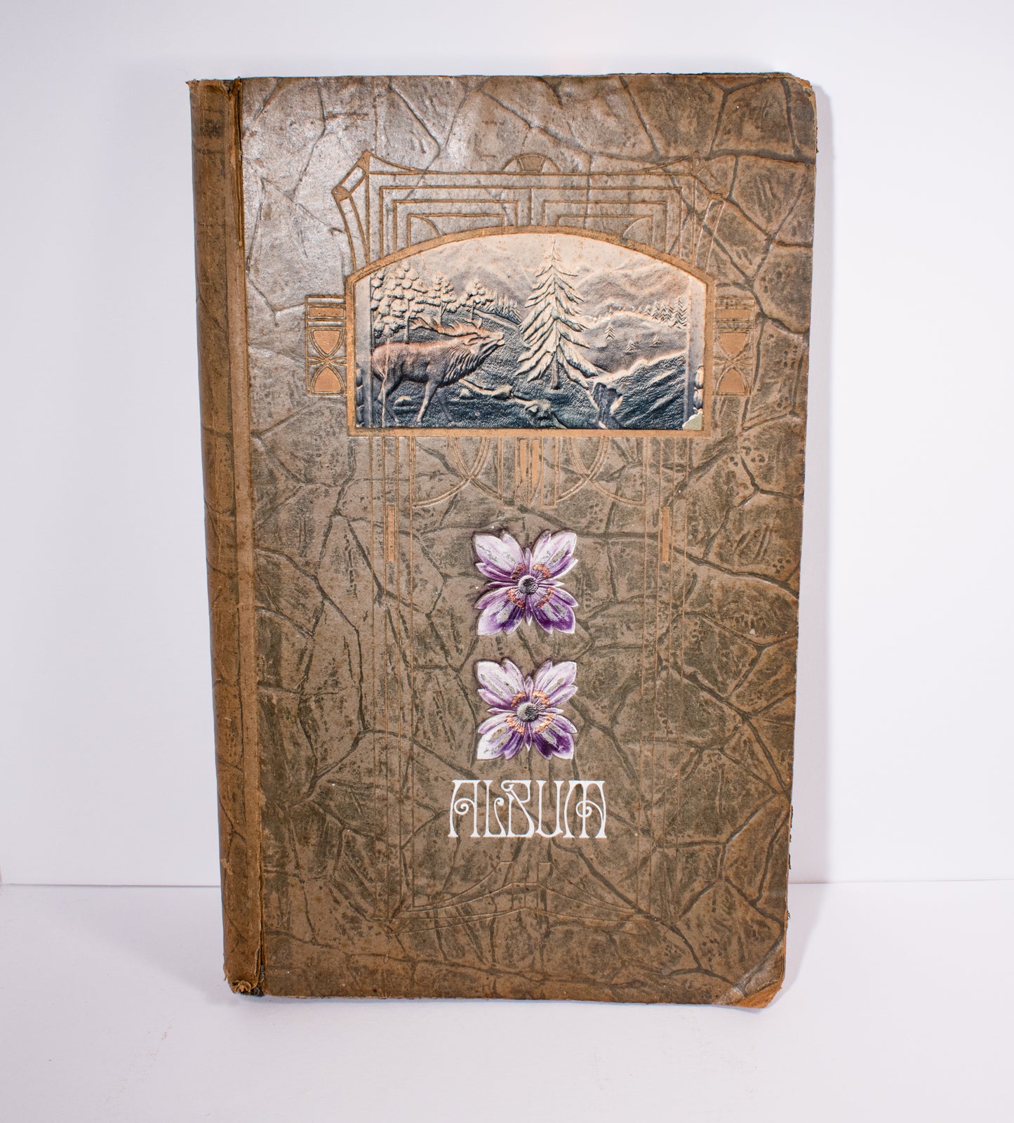 Antique Postcard Album Purple Flowers Elk Winter Scene