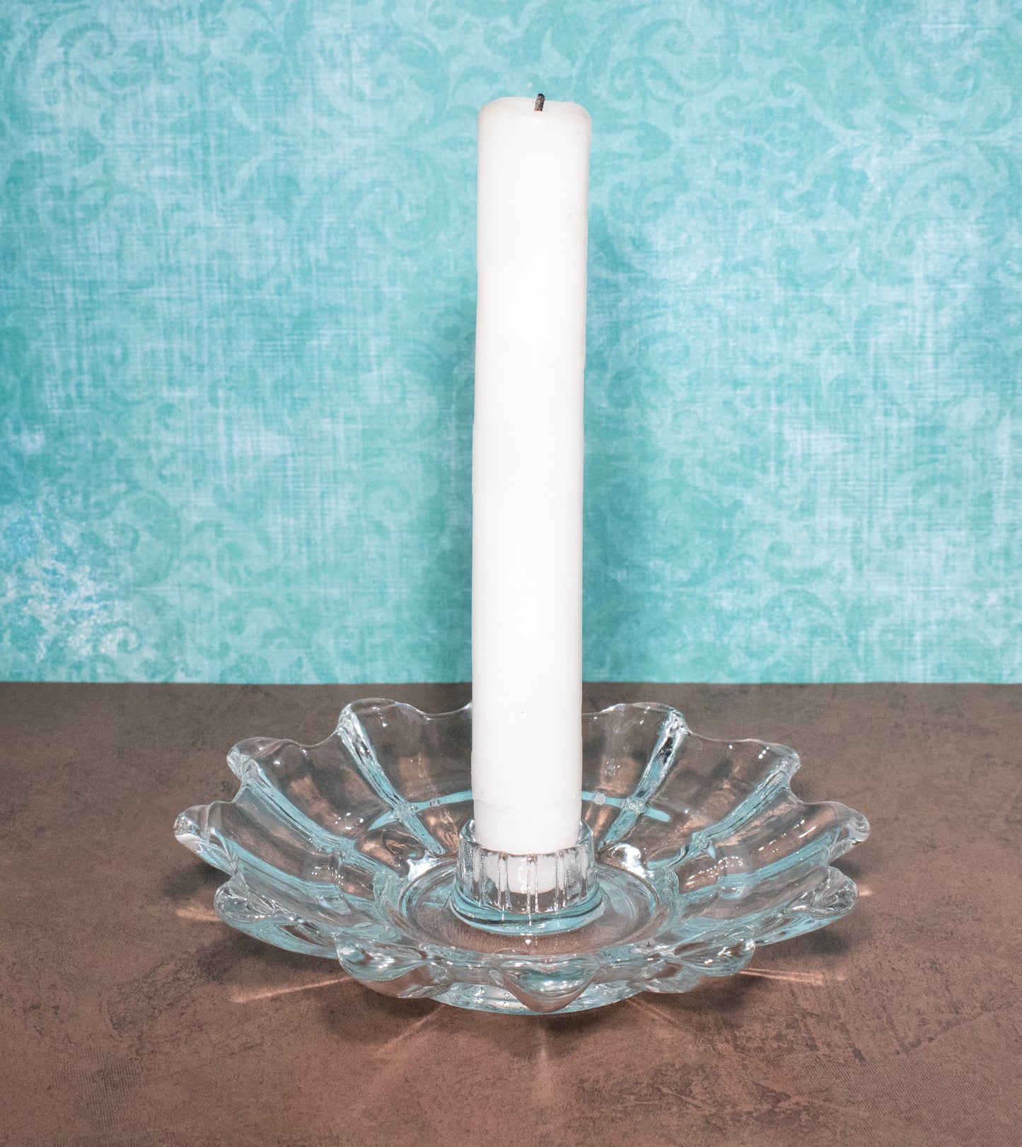 Clear Glass Flower Shaped Taper Candlestick Holder USA
