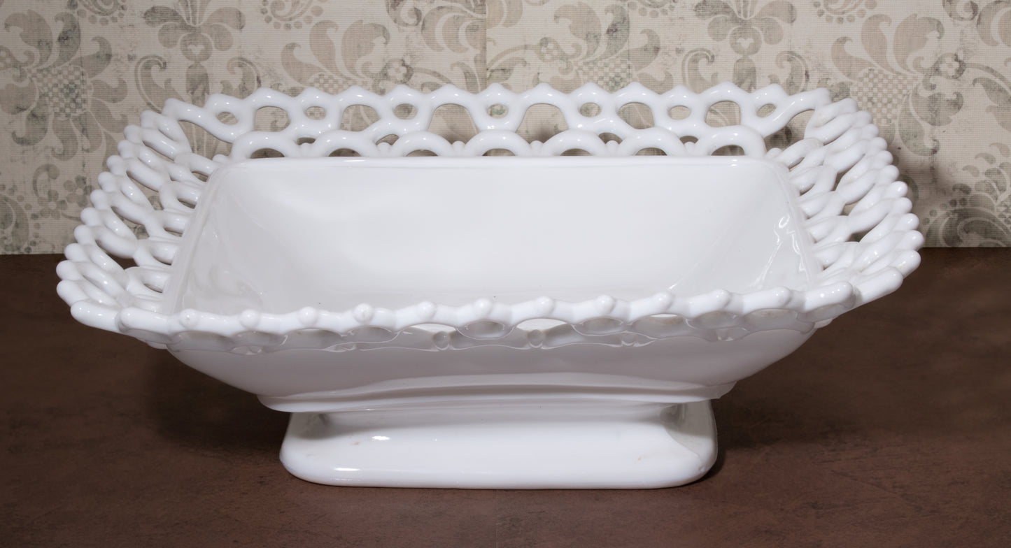 Atterbury Milk Glass Rectangular Footed Dish Compote Dancing Sailor Lace Edge