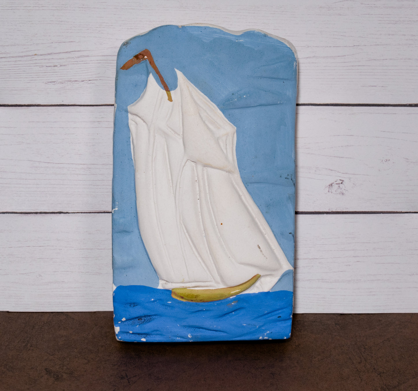 Handmade Plaster Sailboat Wall Decor Blue Nautical
