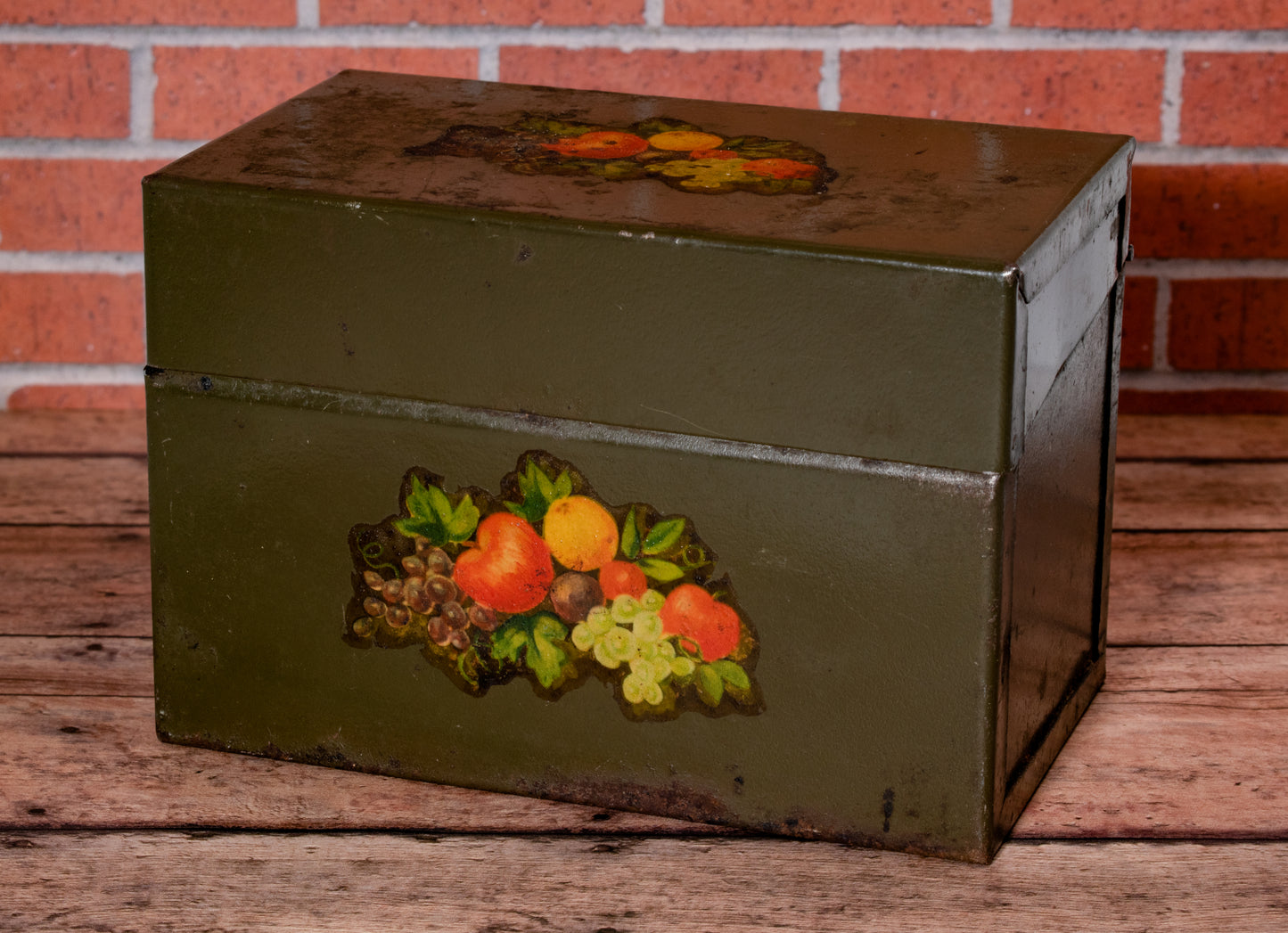 Vintage Green Recipe Tin Fruit Grapes Apples Orange Kitchen