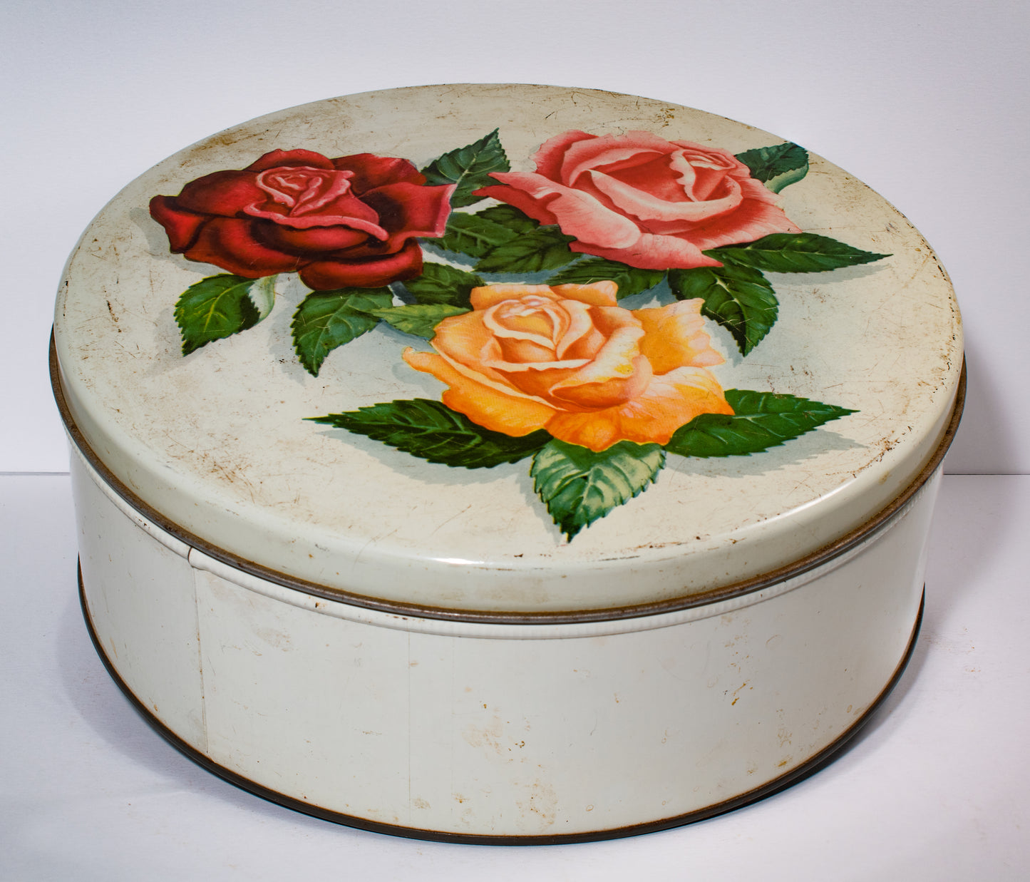 Vintage Cookie Tin Roses Red Pink Yellow Green Floral