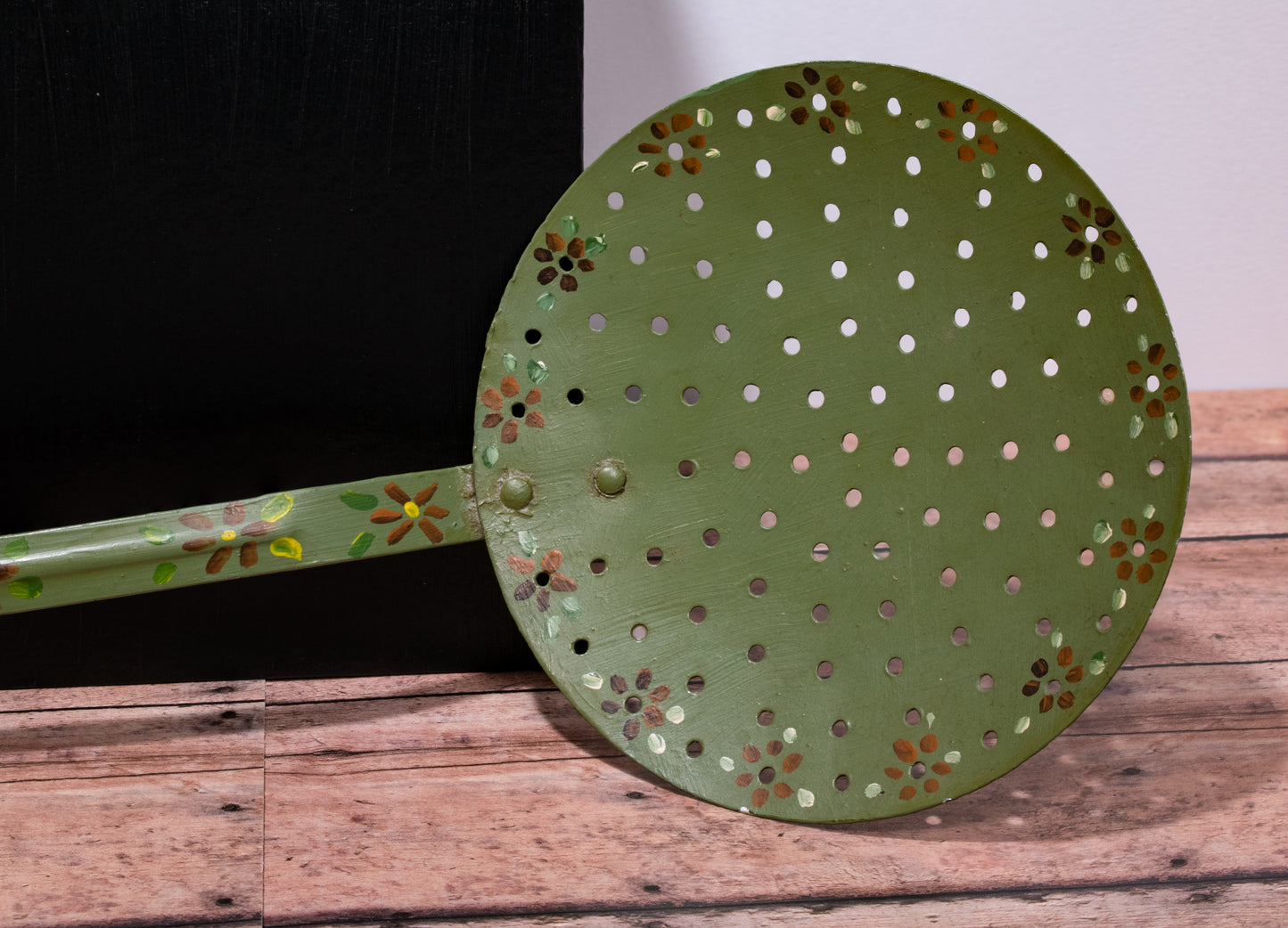 Hand Painted Floral Kitchen Skimmer Utensil Green