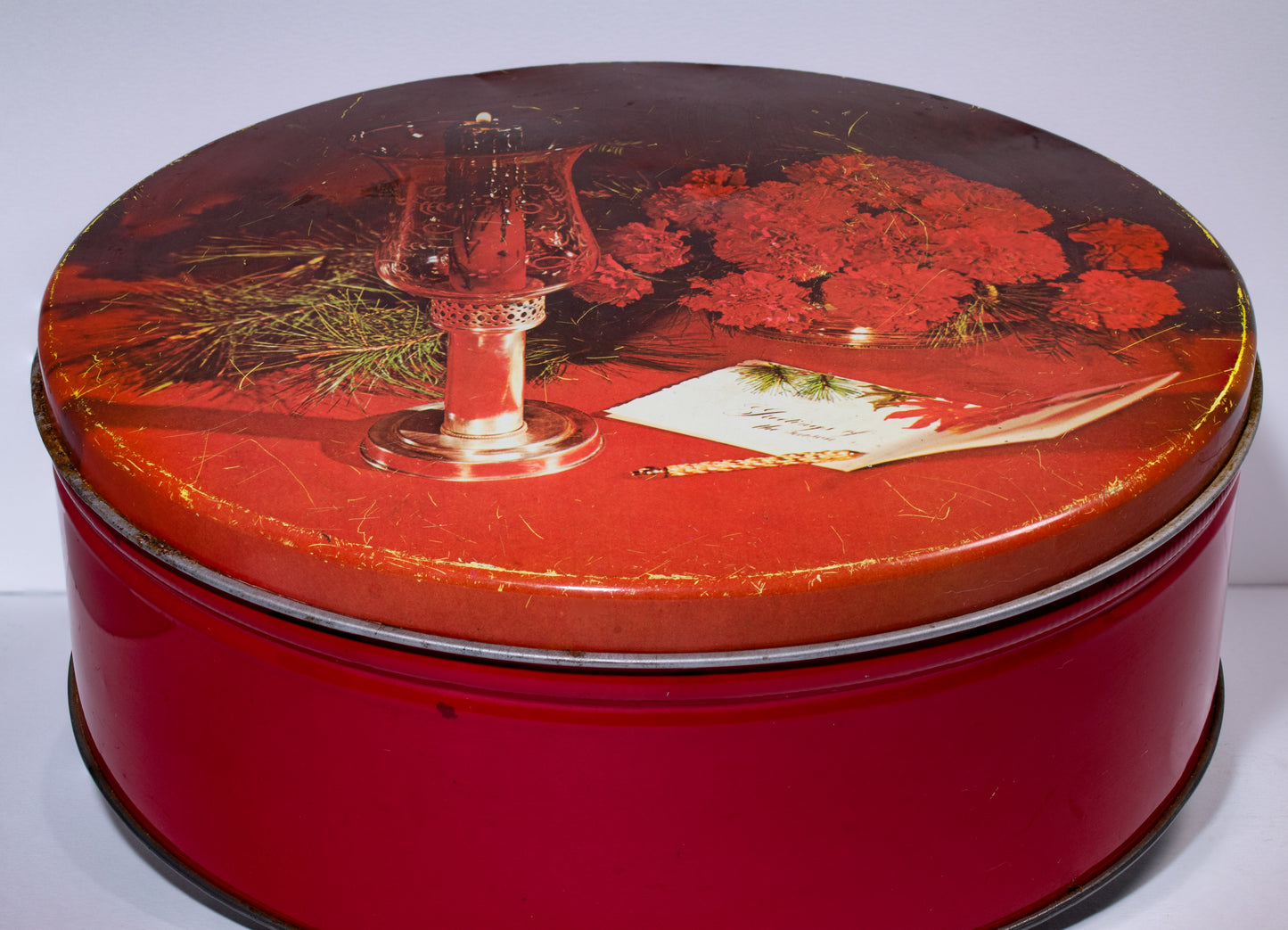 Red Christmas Holiday Cookie Tin Candle Roses Card Vintage