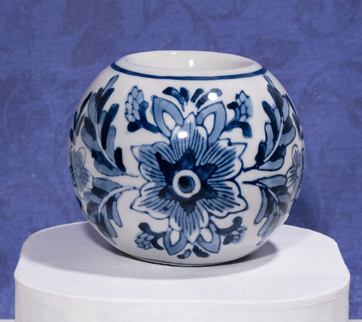 Blue & White Floral Round Tea Light Candle Holder
