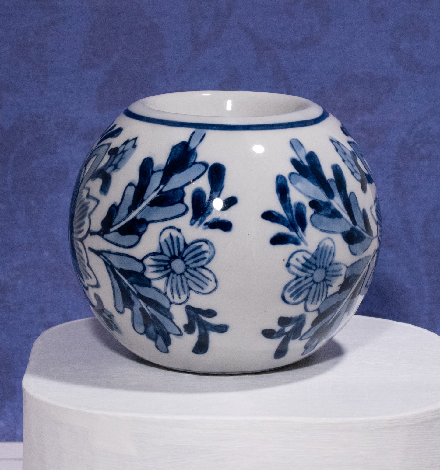 Blue & White Floral Round Tea Light Holder