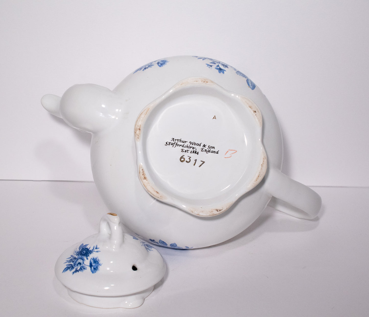 Staffordshire Arthur Wood & Son Blue and White Floral Teapot
