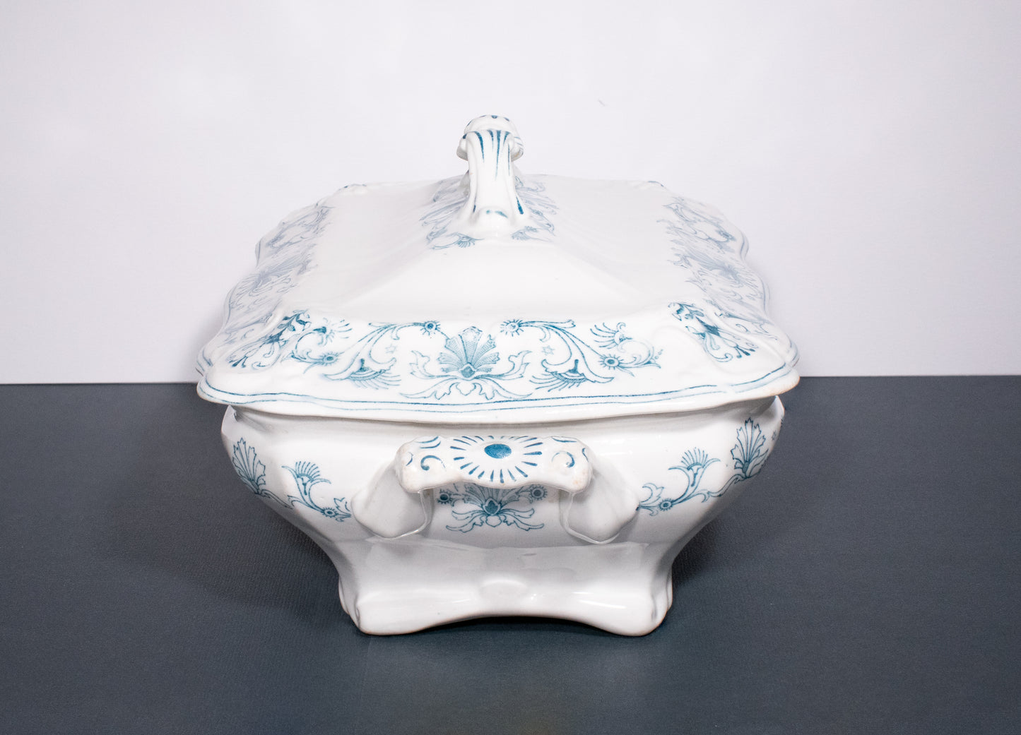 Antique 1890 Ridgways Beaufort Pattern Blue Green Transferware Tureen