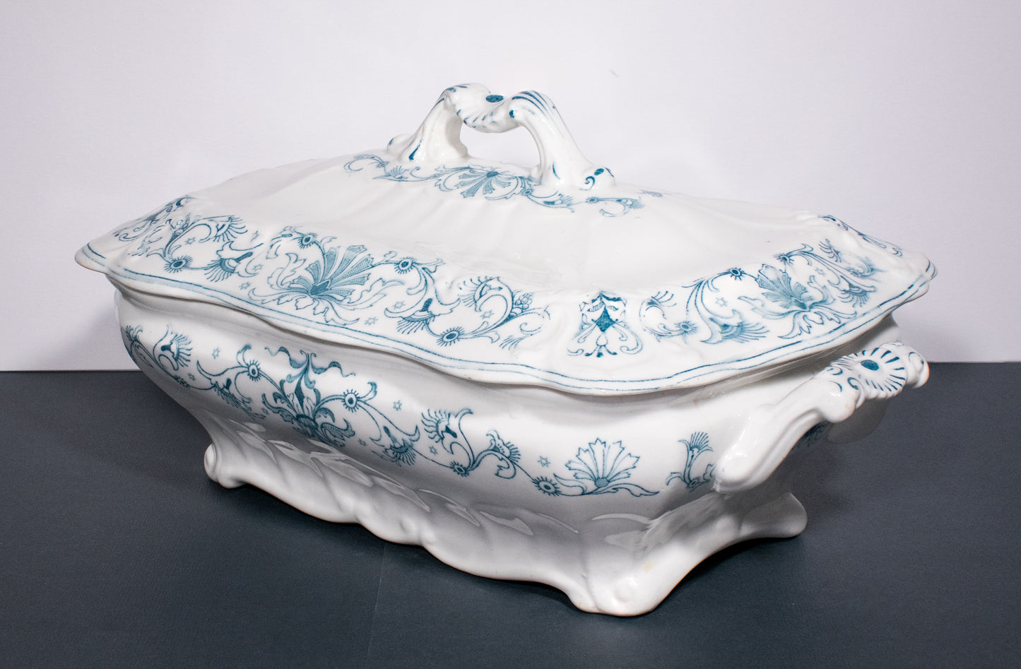 Antique 1890 Ridgways Beaufort Pattern Blue Green Transferware Tureen