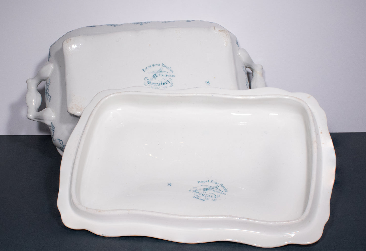 Antique 1890 Ridgways Beaufort Pattern Blue Green Transferware Tureen