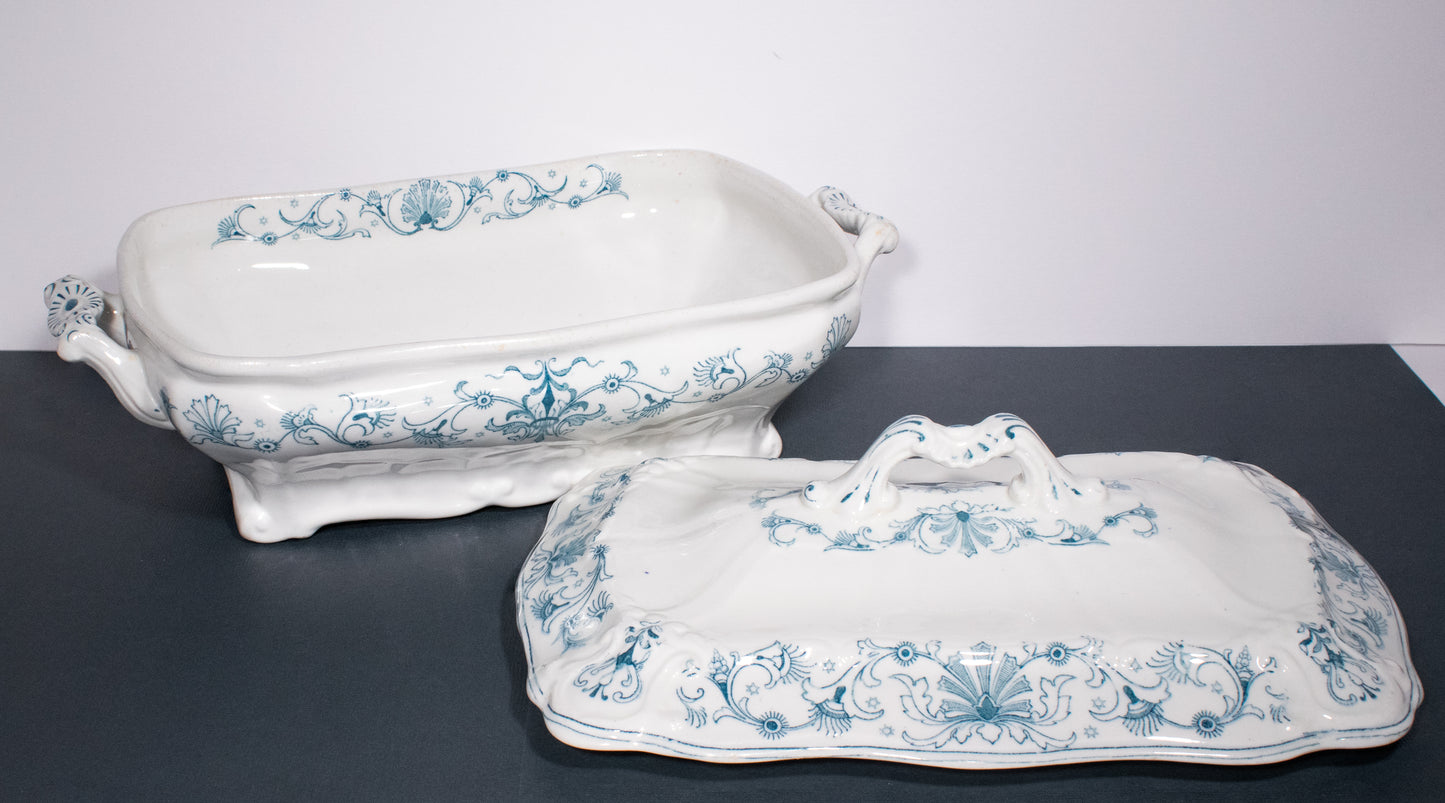 Antique 1890 Ridgways Beaufort Pattern Blue Green Transferware Tureen
