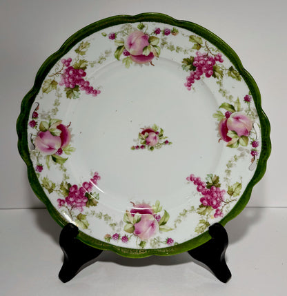 Antique Moritz Zdekauer Austria Green and Gold Serving Plate with Peaches, Grapes and Raspberries