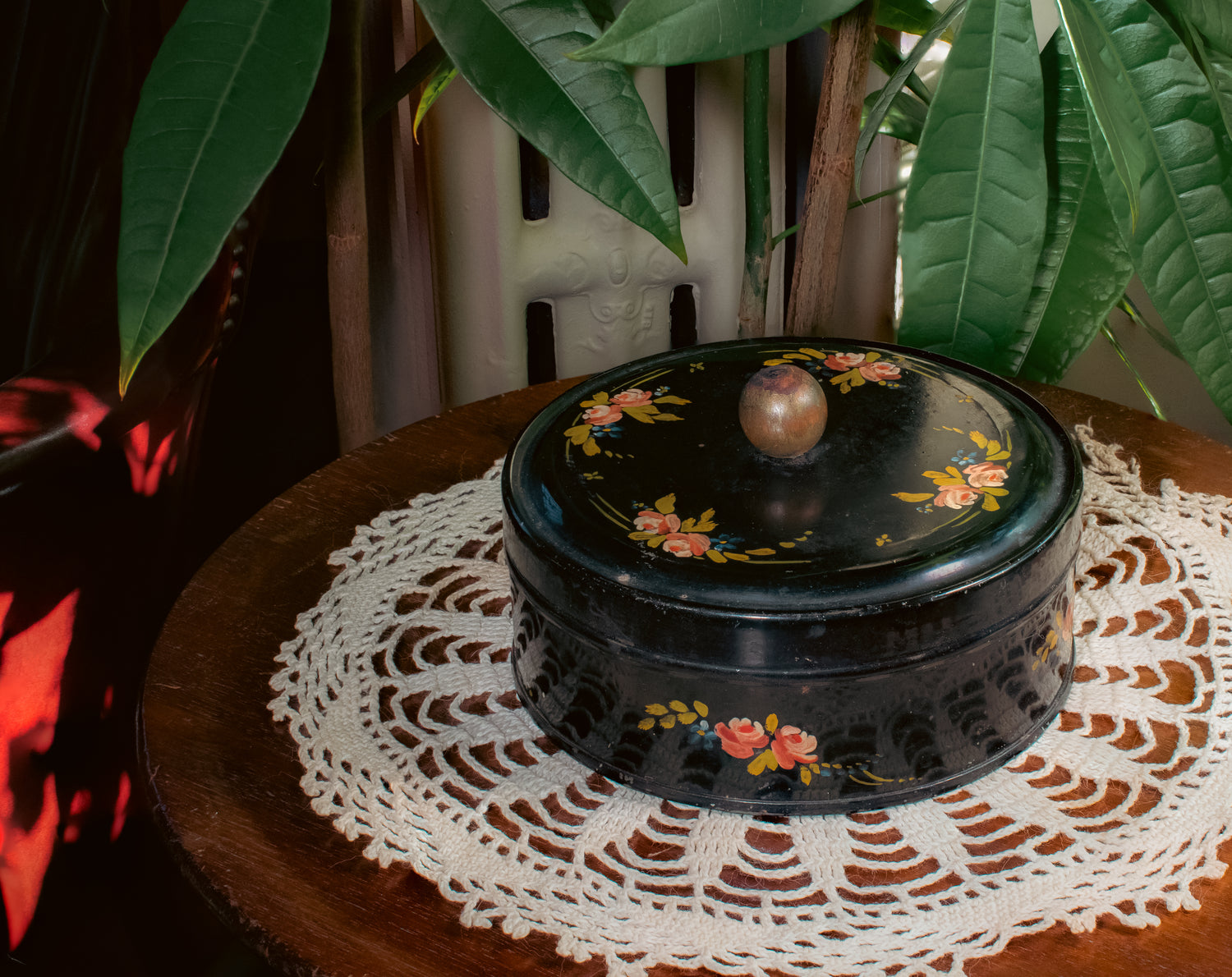 Hand Painted Floral Tole Tin with Wooden Knob