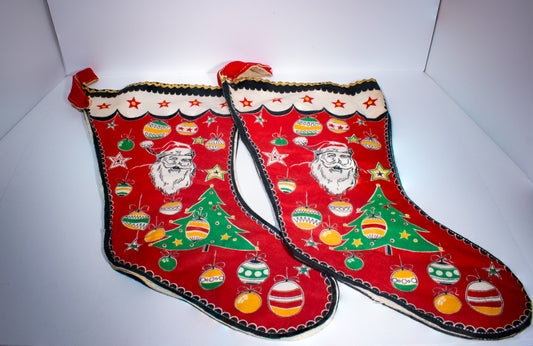 Pair of Large Vintage Felt-Flannel Merry Christmas Santa Stockings Handmade