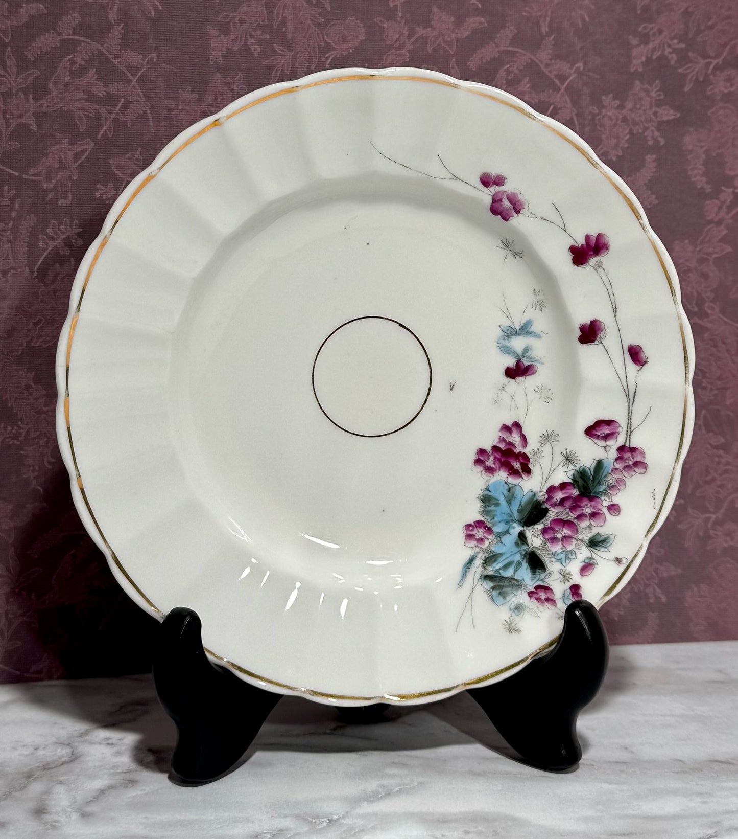 Hand Painted Dessert Dish Purple Geraniums Fluted Rim Gold Trim