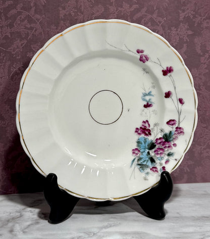 Hand Painted Dessert Dish Purple Geraniums Fluted Rim Gold Trim
