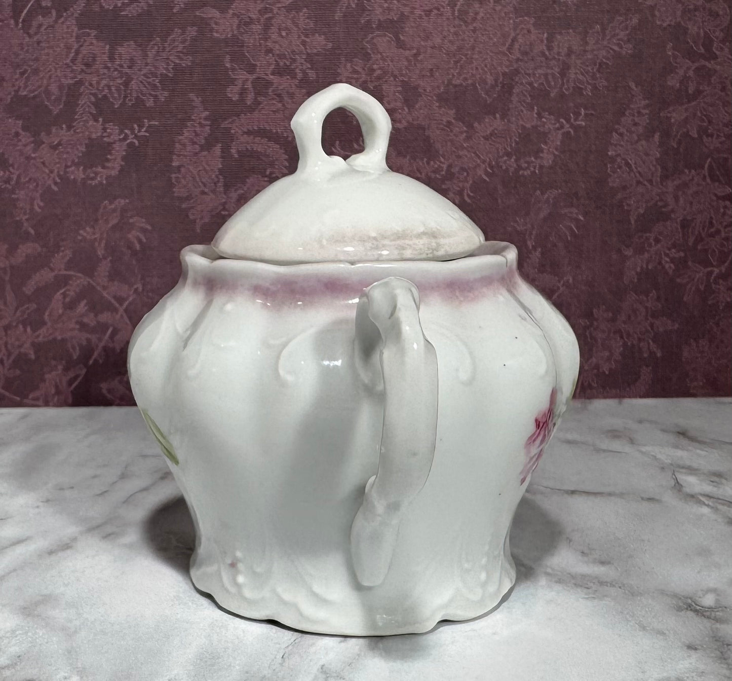Lovely Vintage Embossed Porcelain Pink Floral Sugar Bowl with Lid