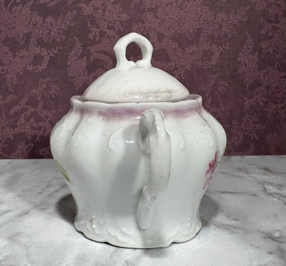 Lovely Vintage Embossed Porcelain Pink Floral Sugar Bowl with Lid