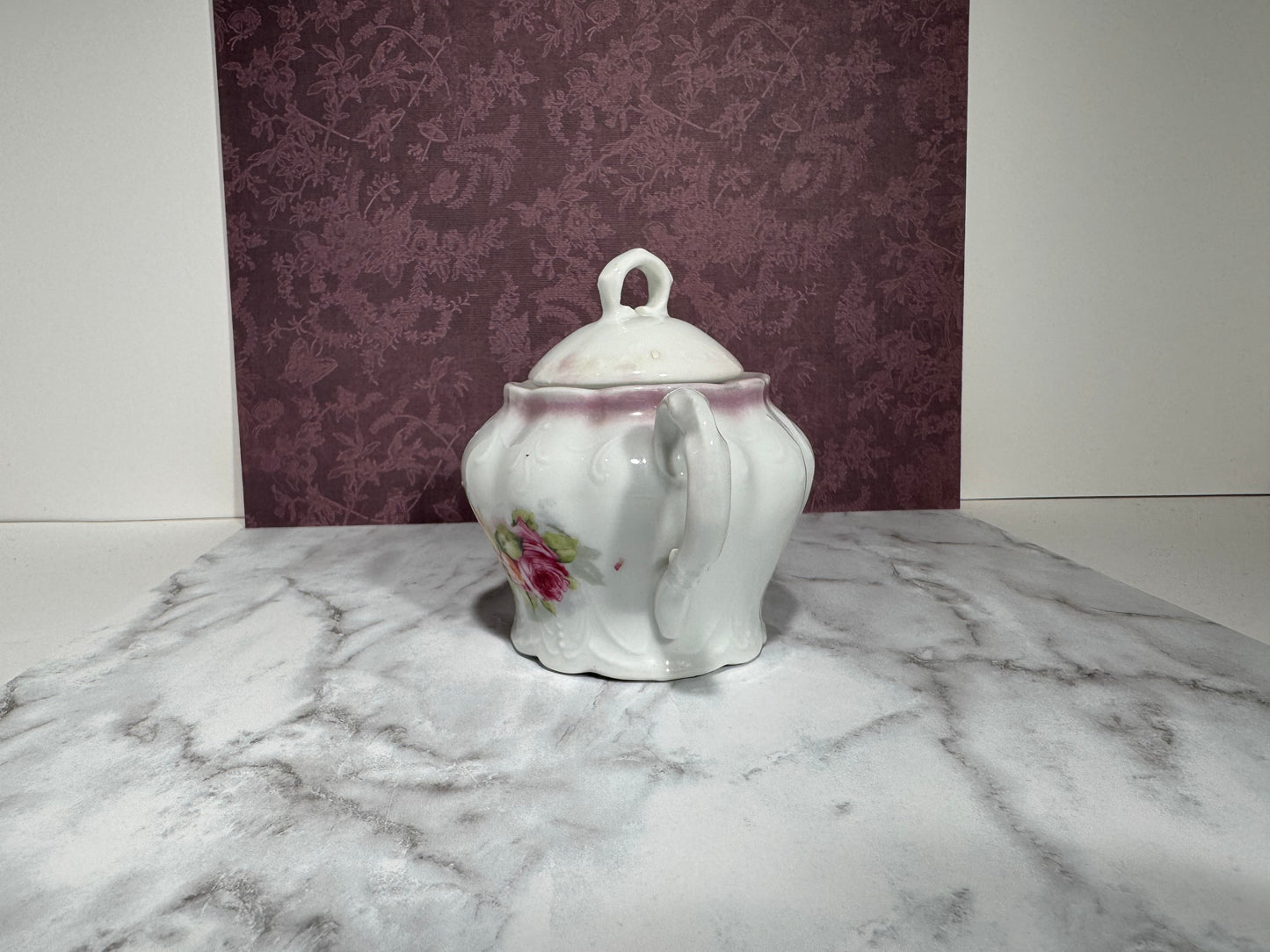 Lovely Vintage Embossed Porcelain Pink Floral Sugar Bowl with Lid