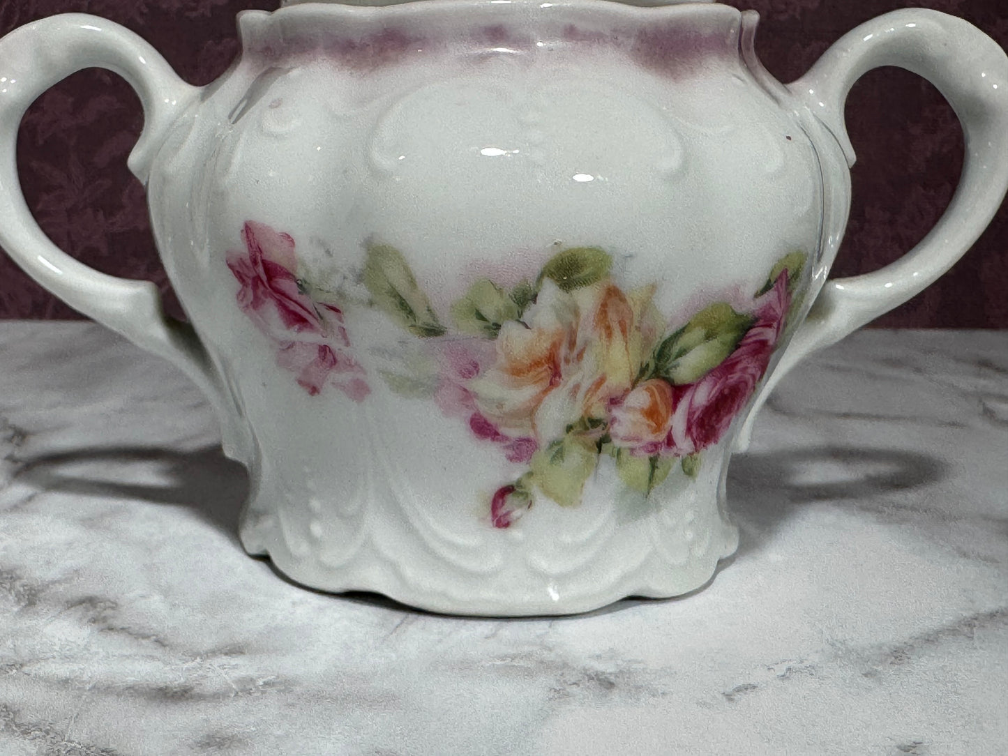 Lovely Vintage Embossed Porcelain Pink Floral Sugar Bowl with Lid