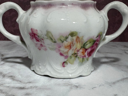 Lovely Vintage Embossed Porcelain Pink Floral Sugar Bowl with Lid