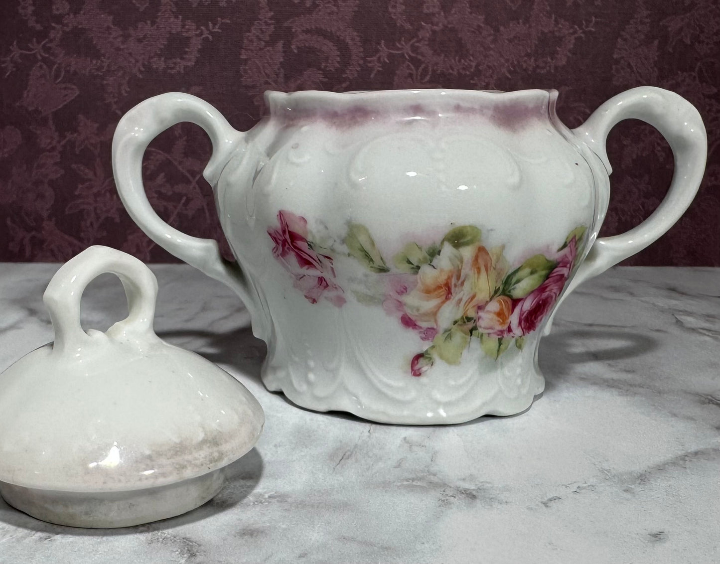 Lovely Vintage Embossed Porcelain Pink Floral Sugar Bowl with Lid