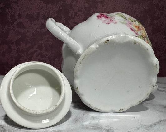 Lovely Vintage Embossed Porcelain Pink Floral Sugar Bowl with Lid
