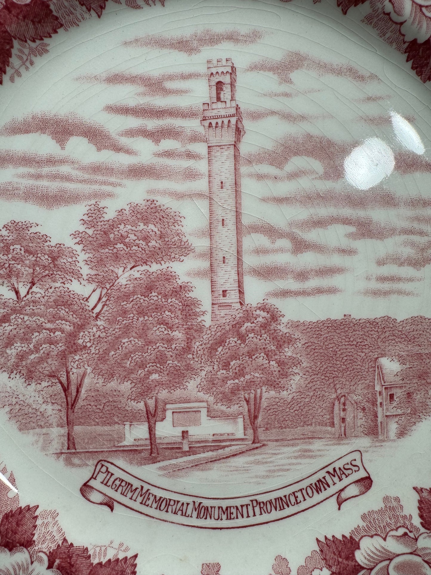 Pilgrim Memorial Monument Provincetown Mass Cape Cod Souvenir Pink Transferware Plate Staffordshire England