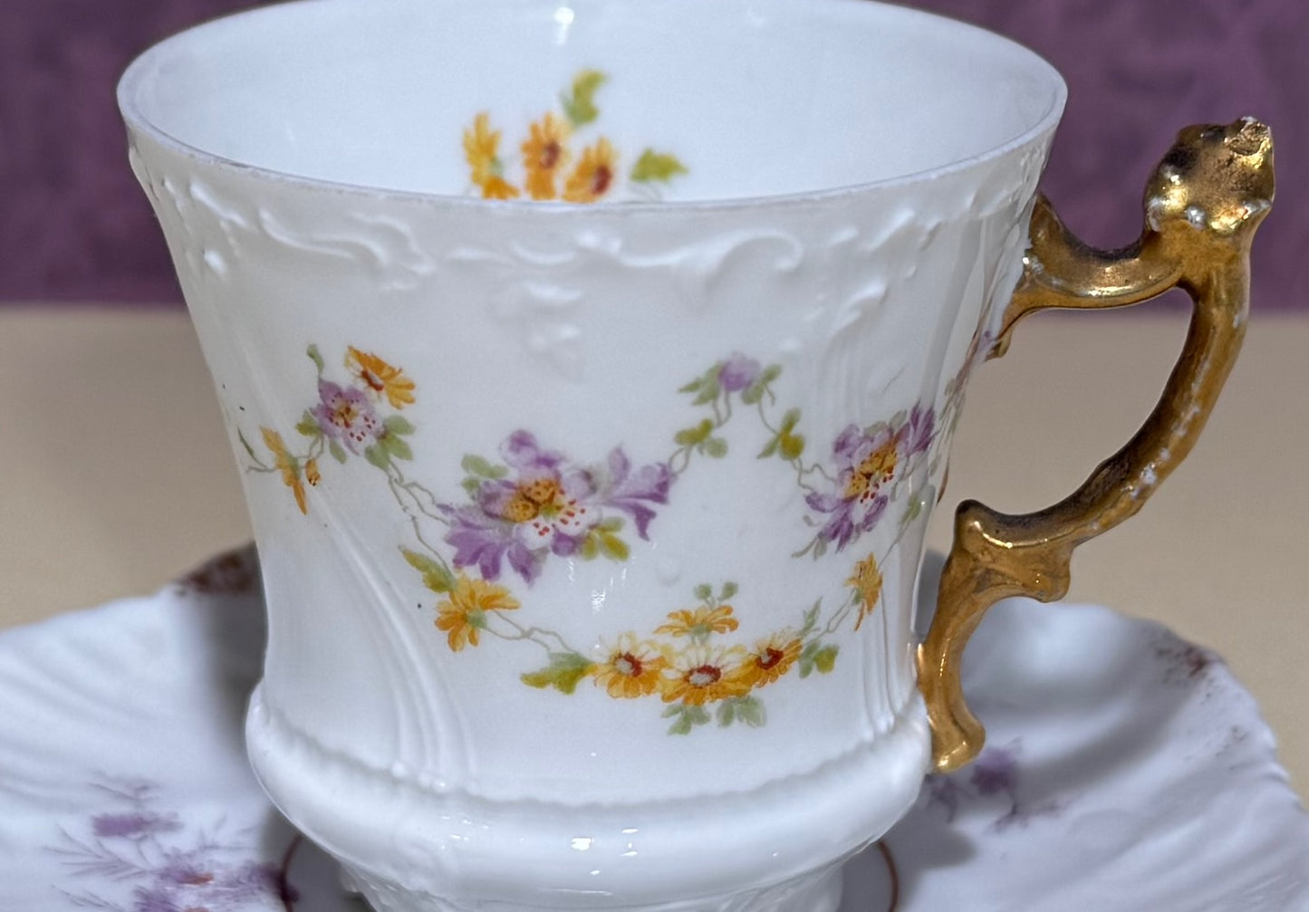 Antique German Carl Tielsch Embossed Floral Gilt Demitasse Cup
