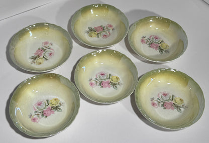 Set of 6 W.S. George Antique Radisson Green Lusterware Rose Berry Dessert Bowls