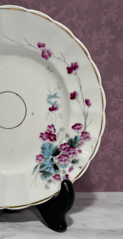 Hand Painted Dessert Dish Purple Geraniums Fluted Rim Gold Trim
