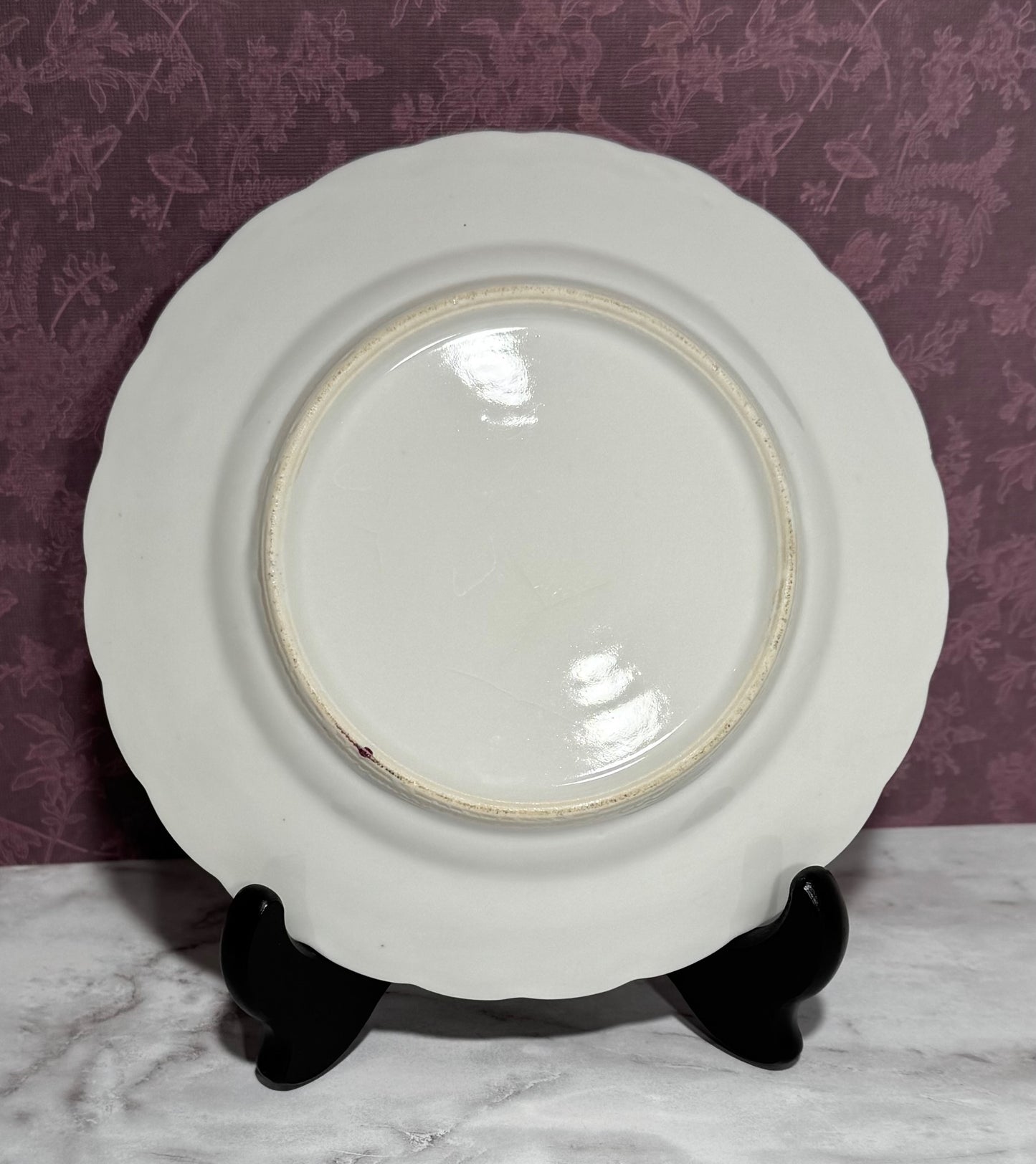 Hand Painted Dessert Dish Purple Geraniums Fluted Rim Gold Trim