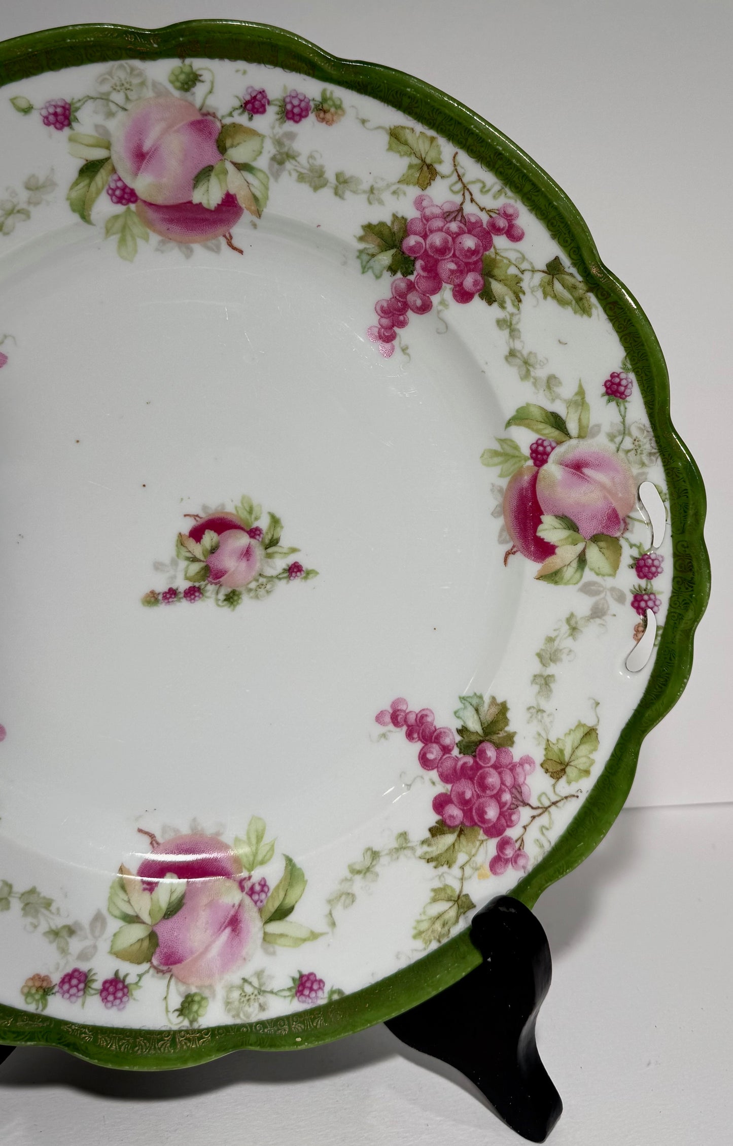 Antique Moritz Zdekauer Austria Green and Gold Serving Plate with Peaches, Grapes and Raspberries