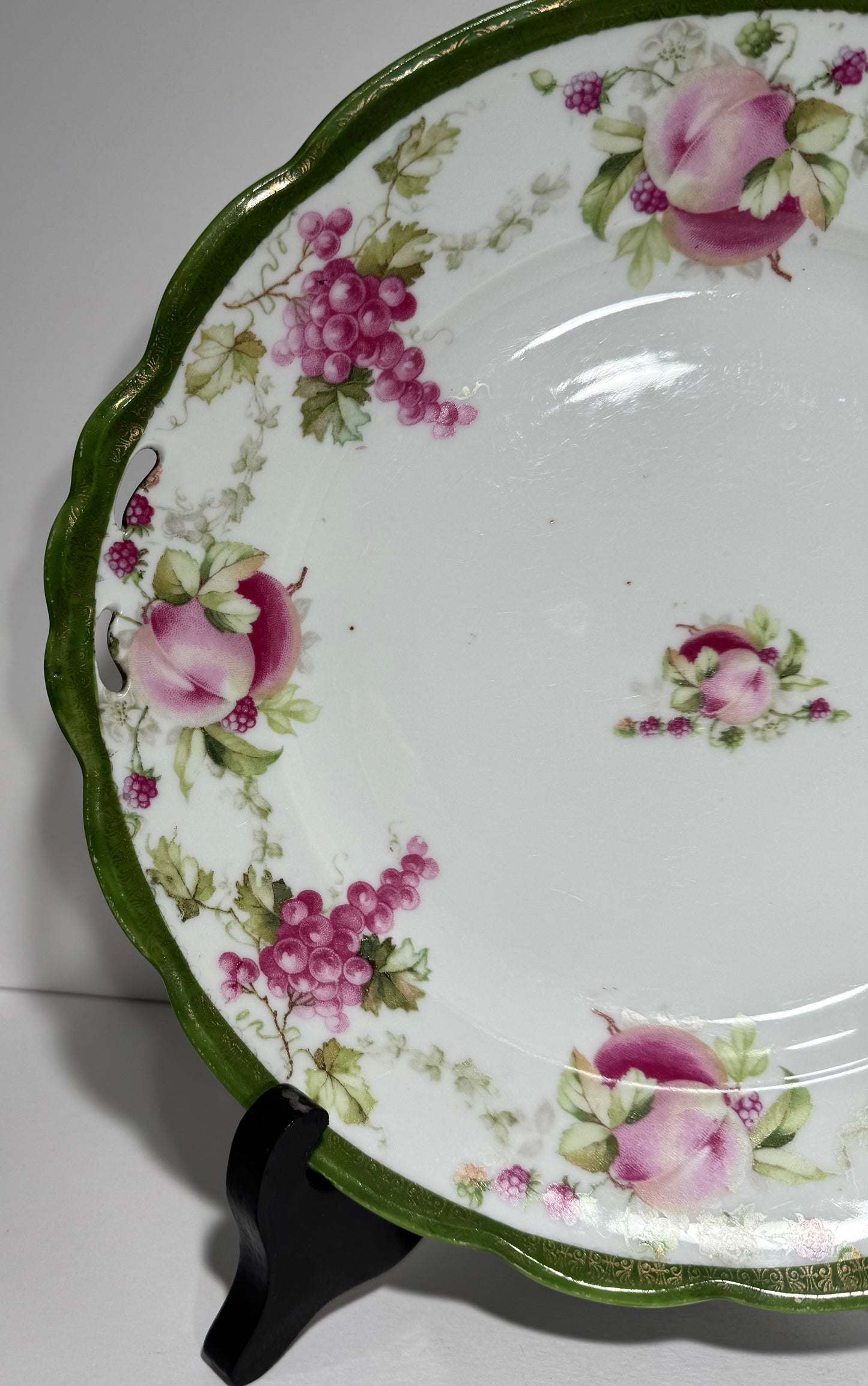Antique Moritz Zdekauer Austria Green and Gold Serving Plate with Peaches, Grapes and Raspberries