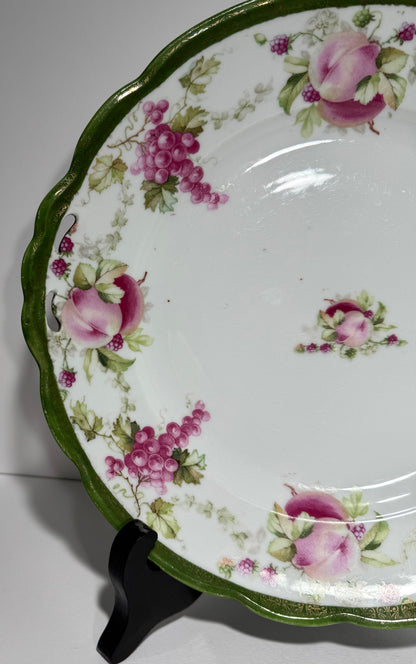 Antique Moritz Zdekauer Austria Green and Gold Serving Plate with Peaches, Grapes and Raspberries