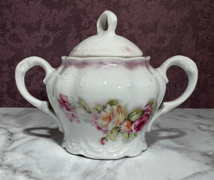 Lovely Vintage Embossed Porcelain Pink Floral Sugar Bowl with Lid