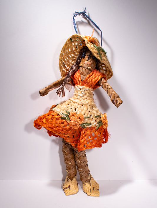 Vintage Bahamas Straw Doll with Orange Dress and Hat Peach Flowers