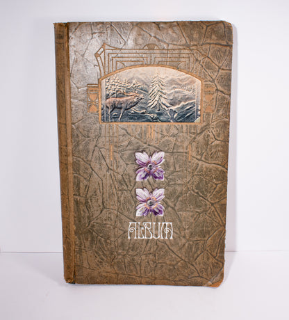 Antique Postcard Album Purple Flowers Elk Winter Scene