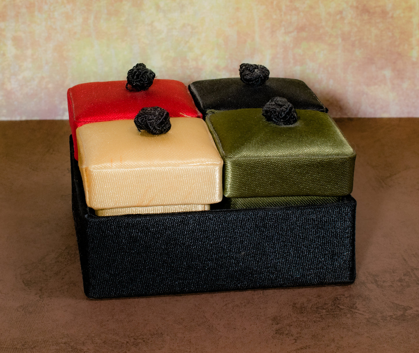 4 Piece Mini Silk Covered Box Set Red Black Gold Green
