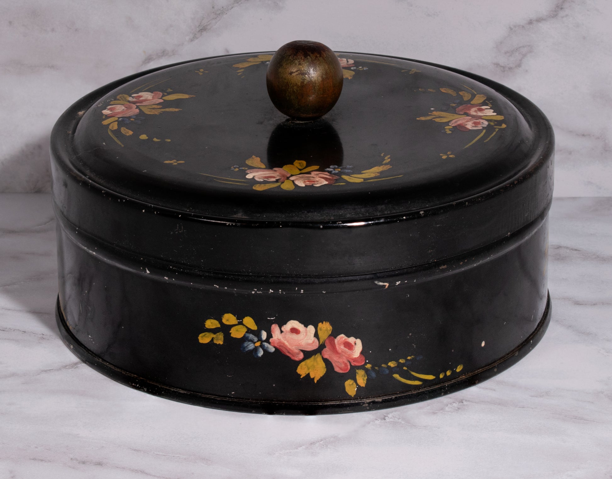 Tole Painted Floral Tin Wooden Handle Pink Blue Green Hand Painted