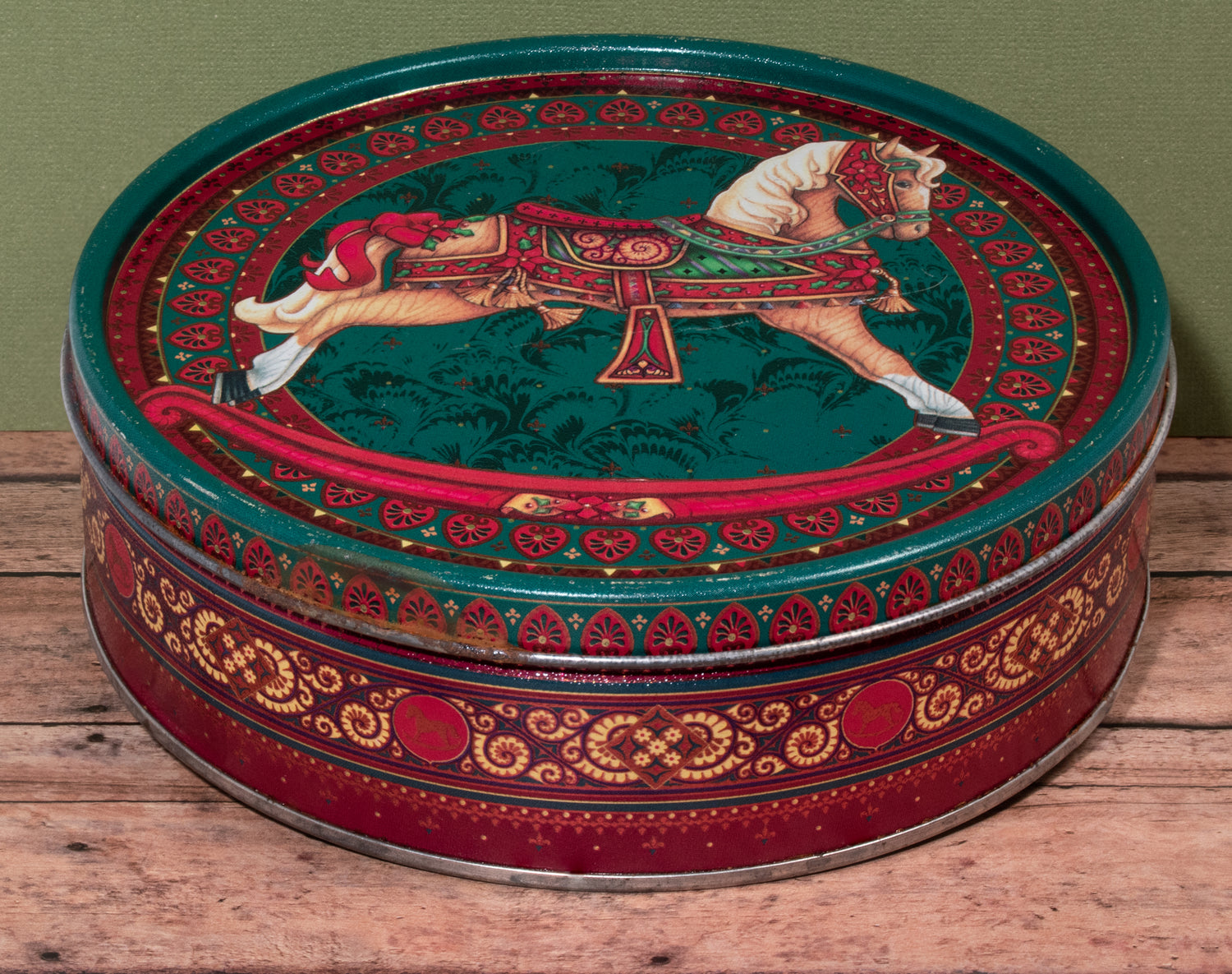 Christmas Holiday Rocking Horse Cookie Candy Tin Red Green 