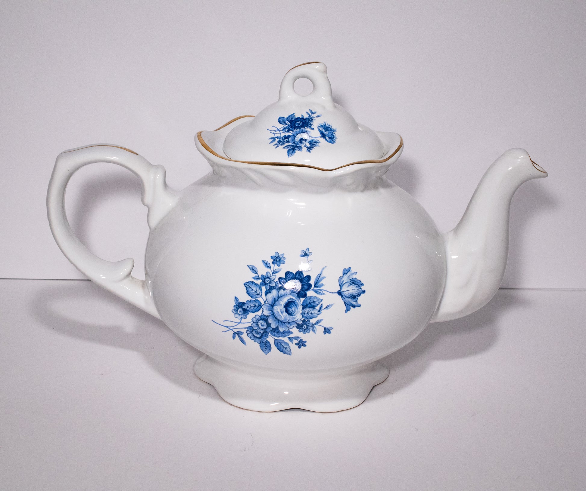 English Staffordshire Large Teapot Blue Flowers Wood & Son c 1950