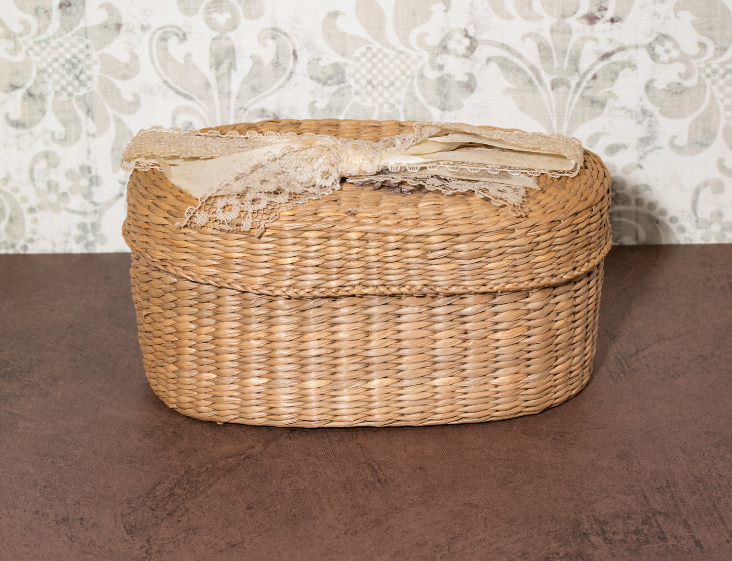 Oval Woven Basket with Lid and Lace Bow