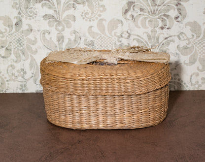 Oval Woven Basket with Lid and Bow