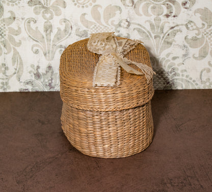 Oval Woven Basket with Lid and Bow